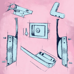 Door hinges, latches, gaskets and hardware