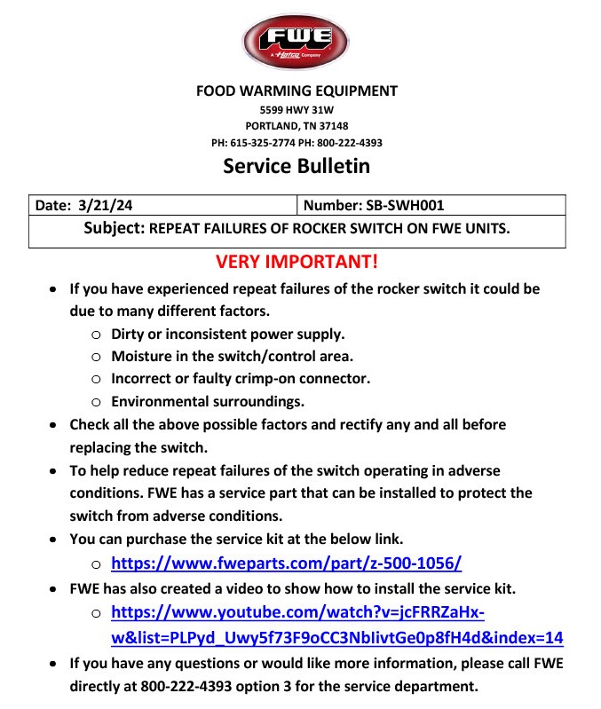Service Bulletin – SWH RCK E1